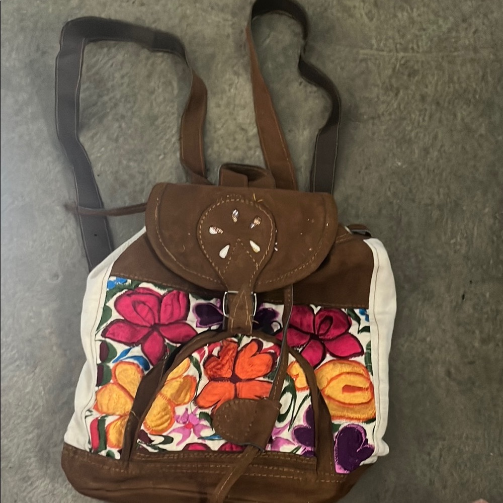 Floral Embroidered Brown Backpack
